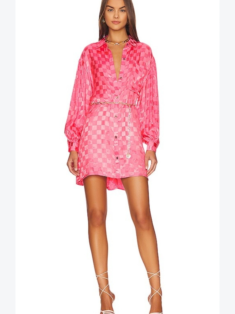 Jen's Pirate Booty Hot Pink Checker Satin Mini Shirt Dress